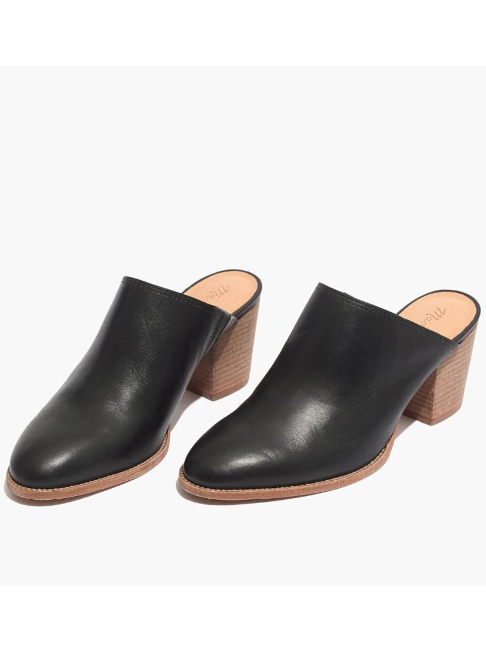 Madewell The Harper Mule Womens 8.5 Black Almond Toe Leather Stacked Block Heel